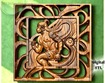 Archivo STL CNC de arte de pared 3D Hanuman, modelo 3D de relieve digital, diseño de panel decorativo para tallado con enrutador, relieve bajo CNC de dios hindú.