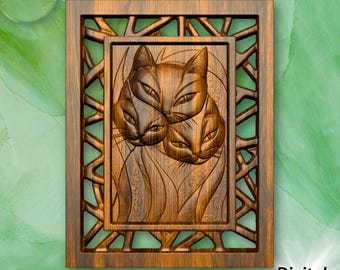 Artistic Cats Bas Relief STL Obj for CNC Carving. CNC Router Files for Wood | 3D Printing Decorative Wall Art Digital Design