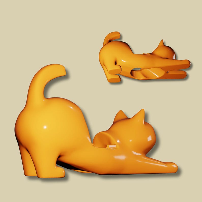 ALT TEXT (image):
3D STL file of a stretching cat phone holder – perfect for desk use, 3D printing with PLA or resin.