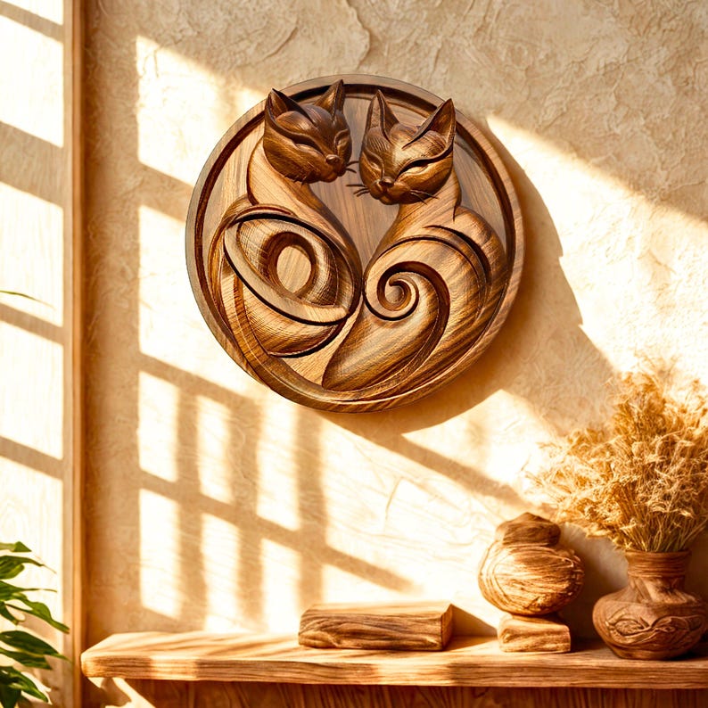 Cat Relief CNC STL File Decorative Wall Art STL Digital Wood Carving 3D STL Sculpture Bas Relief Panel Router CNC Design Model
