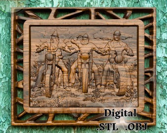 3D STL Bas Relief of Motorcycle Riders. Wall Art for CNC Carving, Digital Wood Carving Panel, Router Cnc File, Decorative STL Model.