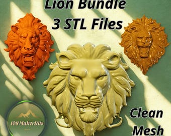 Paquete de archivos STL de cabezas de león en 3D para tallado CNC e impresión 3D, conjunto de 3 relieves decorativos de leones, paquete de archivos digitales 3D listos para imprimir.