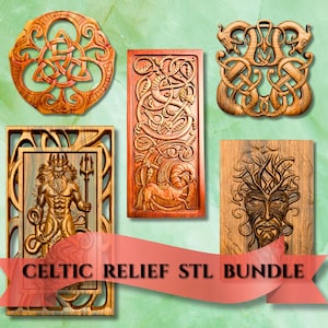 May include: A selection of intricately carved wooden Celtic relief panels. The panels showcase diverse designs, including knotwork, mythical creatures, and a face with a leafy crown. The text "CELTIC RELIEF STL BUNDLE" is displayed on a banner.