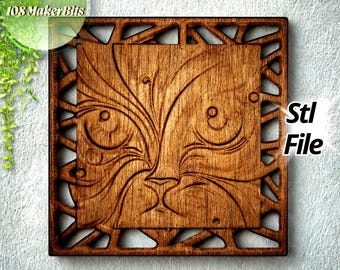 Abstract Cat Bas Relief STL & OBJ File for CNC Carving and 3D Printing, 3D Wall Art Panel Download