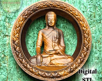 Buddha Bas Relief with Circular Frame STL | 3D Relief Model Wall Art | CNC Carving Design & Router CNC File | Digital Wood Carving Art Panel