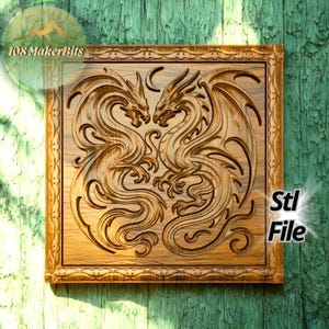 Dragons wall panel STL file for CNC carving and 3D printing, digital download of decorative 3D bas relief project and CNC modeling design