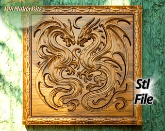 Dragons wall panel STL file for CNC carving and 3D printing, digital download of decorative 3D bas relief project and CNC modeling design