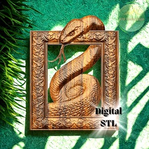 May include: A wooden frame featuring a detailed snake carving. The snake's head and coiled body extend from the frame, with the text "Digital STL" visible. The frame has ornate detailing and is set against a textured green background.