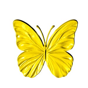 Puede incluir: Una mariposa amarilla brillante con alas detalladas, hecha de metal. La mariposa es un objeto decorativo.