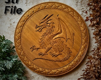 Epic dragon 3D relief STL file for CNC carving and 3D printing, round fantasy emblem design, Cnc router dragon bas relief STL file Aspire