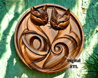 Elegant cats STL CNC file, 3D relief model for wall art or decorative panel, digital wood carving bas relief design for router engraving