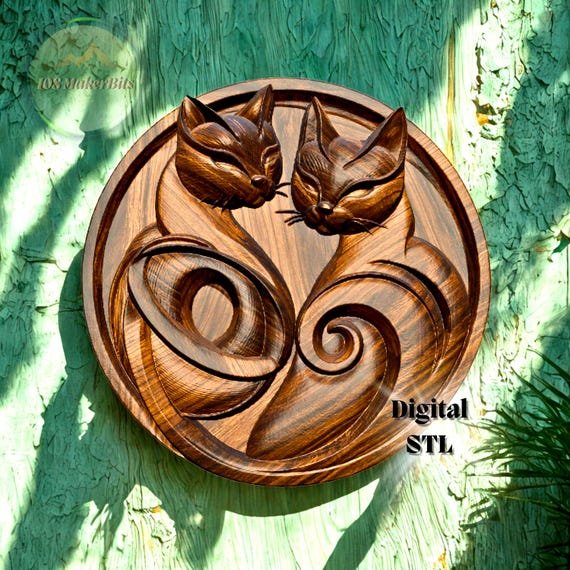 Elegant cats STL CNC file, 3D relief model for wall art or decorative panel, digital wood carving bas relief design for router engraving