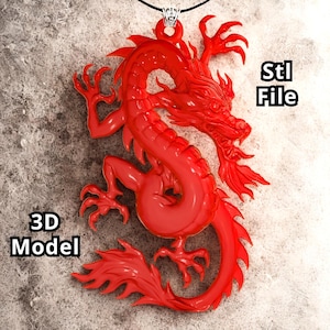 May include: A vibrant red dragon pendant with intricate details, suspended from a black cord. The dragon is a 3D model, with the text "3D Model" and "Stl File" visible in the image. The pendant has a silver-colored bail.
