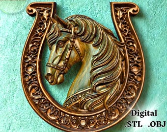3D STL OBJ Bas Relief Horse Head with Horseshoe Frame for CNC Carving & 3D Printing, Digital Wall Art, Router Cnc Model