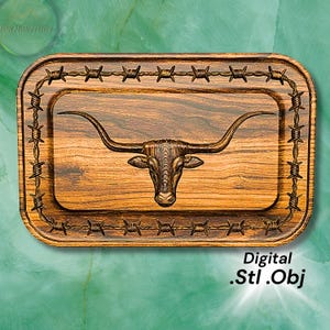 Longhorn skull bas relief CNC panel with barbed wire frame carved in wood, digital STL and OBJ file preview