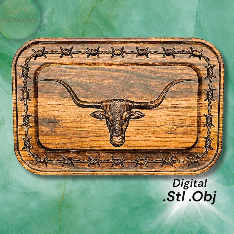 Longhorn skull bas relief CNC panel with barbed wire frame carved in wood, digital STL and OBJ file preview