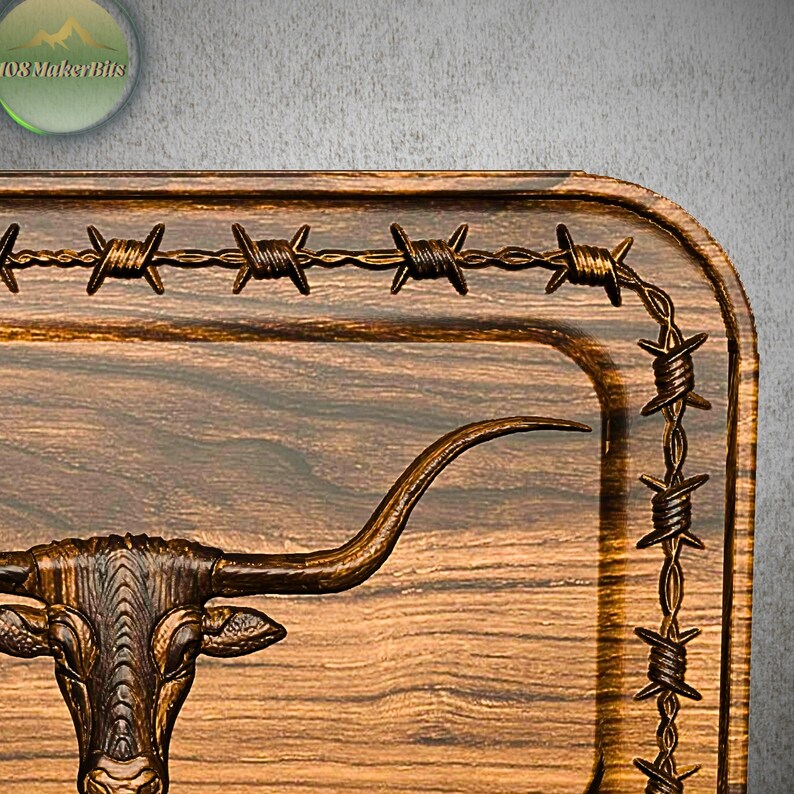Longhorn skull bas relief CNC panel with barbed wire frame carved in wood, digital STL and OBJ file preview