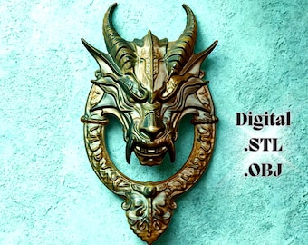Dragon Door Knocker STL File for 3D Printing and CNC Carving, Gothic Wall Art Digital Download, Fantasy Bas Relief Sculpture OBJ Model