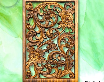 May include: A rectangular wooden wall art piece with detailed floral and scroll carvings. The artwork has a dark brown finish and is framed with a matching wooden border. The text "Digital .Stl .Obj" is visible in the lower right corner.