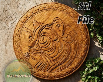 Cat 3D relief for CNC or 3D printing, STL file for decorative round panel, ready to download, Cnc router STL file for bas relief design