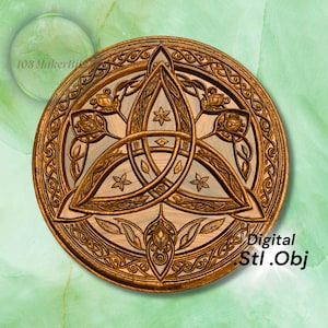 May include: A detailed, circular wooden carving featuring a Celtic knot design. The carving is in shades of brown and tan, with intricate floral and leaf patterns surrounding the central knot. The text "Digital .Stl .Obj" is visible.