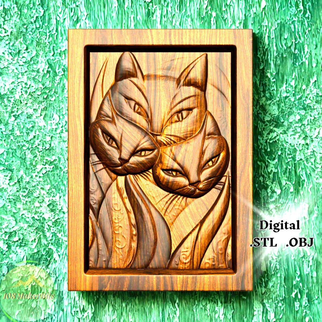 3 Cats Relief STL OBJ File for CNC Router Carving | Cat Wall Art 3D ...