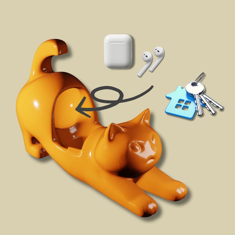 ALT TEXT (image):
3D STL file of a stretching cat phone holder – perfect for desk use, 3D printing with PLA or resin.