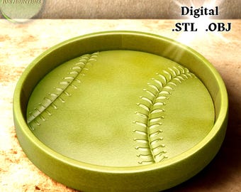 Peut inclure: Conception de baseball vert olive en 3D. Le baseball est placé dans un cadre circulaire assorti. La balle présente des détails de couture blancs. Les mots "Digital .STL .OBJ" sont visibles en haut à droite.