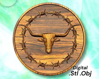 Longhorn schedel basreliëf STL- en OBJ-bestand voor CNC-houtsnijwerk, rond decoratief reliëf in westerse stijl voor routerprojecten