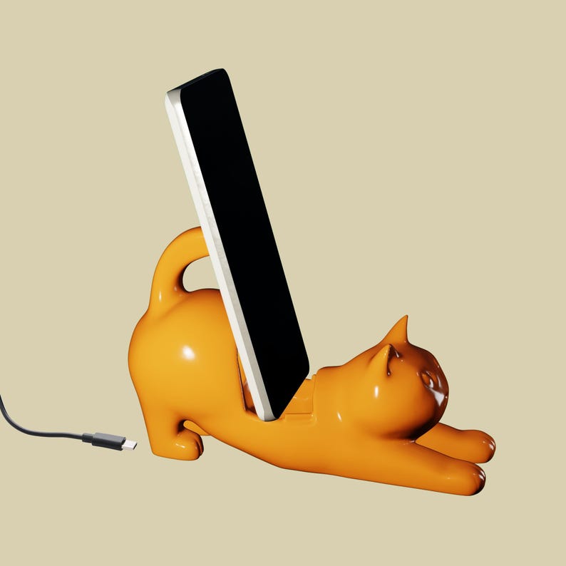 ALT TEXT (image):
3D STL file of a stretching cat phone holder – perfect for desk use, 3D printing with PLA or resin.