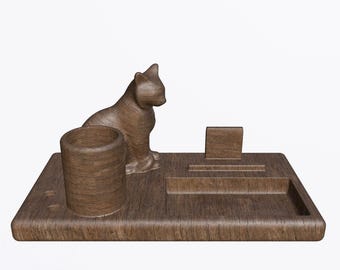 Cat desk organizer STL 3D model, cute wooden desk stand with pen holder and phone stand, PLA 3D printing project, digital STL Obj files