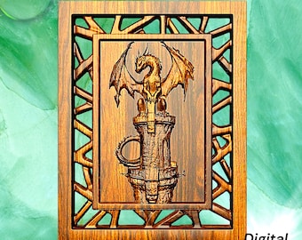 May include: Wooden wall art featuring a detailed relief carving of a dragon perched atop a tower. The dragon has outstretched wings. The artwork is framed with a decorative border. The text "Digital .Stl.Obj" is in the lower right corner.