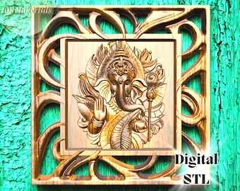 STL file of Ganesh wall art for CNC router, 3D relief Hindu god model, digital wood carving download, Indian decor CNC design