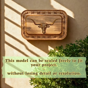 Longhorn skull bas relief CNC panel with barbed wire frame carved in wood, digital STL and OBJ file preview