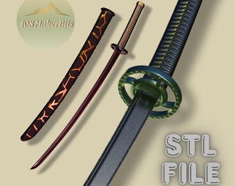 May include: Three katana swords with sheaths. One sheath is black with a gold geometric design. The swords have black and gold handles and blades. The image also includes the text "STL FILE".