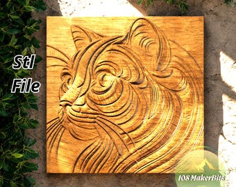 Cat 3D relief Obj STL file, 3-axis CNC carving panel design, cat wall art bas relief model, digital STL Obj cat panel for wood router
