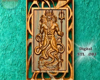 Poseidon Triton Octopus Relief STL OBJ File for CNC Router Carving | Sea God 3D Print Model | Wood Carving Digital Wall Art