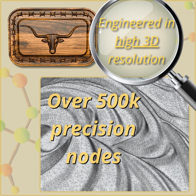 Longhorn skull bas relief CNC panel with barbed wire frame carved in wood, digital STL and OBJ file preview