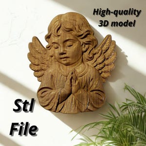 May include: A wooden angel sculpture with folded hands and feathered wings. The angel is carved in a detailed style, with the text "High-quality 3D model" and "Stl File" visible.