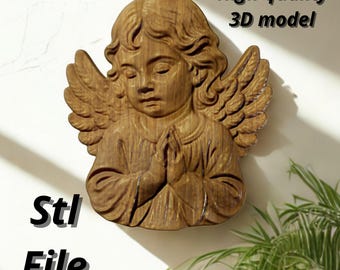 Praying angel 3D relief model, STL file for CNC carving, 3D printing and spiritual wall decor, CNC router design, digital 3D print file