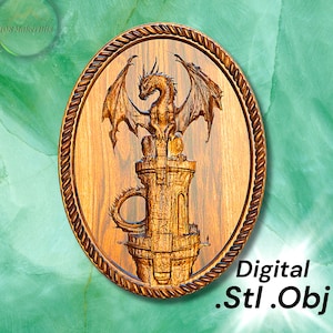 Dragon on Tower Bas Relief STL OBJ File for CNC Router & 3D Printing. Stl cnc File for Wood