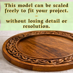 Round wooden tray with Celtic knot border relief, shown with wine bottle and glasses, decorative CNC carving design.