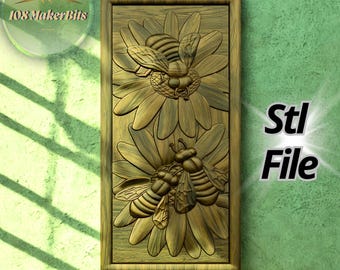 Bees and flowers 3D relief panel STL Obj files for CNC and 3D printing, decorative wall art design, Cnc 3D carving project digital STL