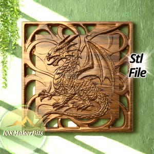 Majestic dragon relief panel STL file for CNC carving and 3D printing, fantasy wall art digital download, 3D bas relief panel for CNC router