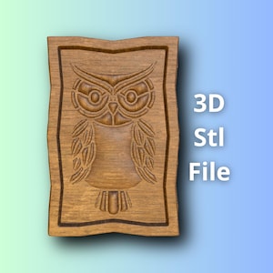 Stylized owl 3D relief STL file for CNC or 3D printing, includes Obj wood panel files, Cnc carving project design, digital STL router model
