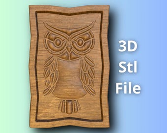 Stylized owl 3D relief STL file for CNC or 3D printing, includes Obj wood panel files, Cnc carving project design, digital STL router model