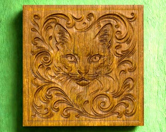 Art Nouveau cat 3D relief Stl Obj file for CNC carving or 3D printing, CNC router design for decorative 3D panels, digital Stl CNC relief