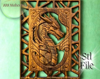 Majestic dragon relief STL file for CNC and 3D printing, intricate carved wood wall art design, decorative fantasy mythical creature model