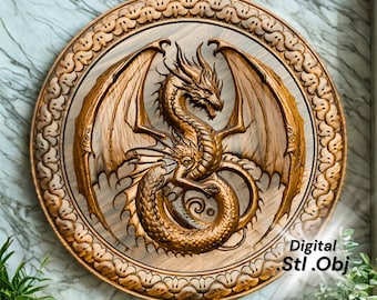 Round Dragon Bas Relief STL / OBJ File for CNC Wood Carving or 3D Printing, Fantasy Mythical Dragon Wall Art Digital Download Design
