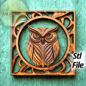 Owl panel relief 3D STL file, CNC router carving and 3D printing design for decorative wood wall art, pierced panel STL model for Aspire